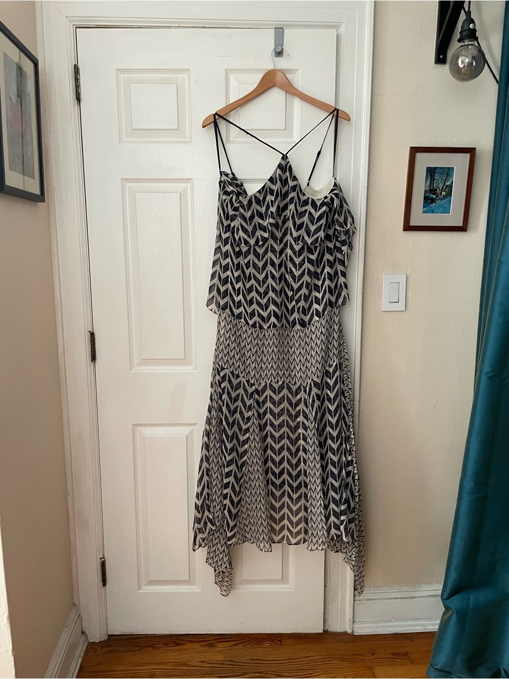 Chevron Print Strappy Midi Dress in Black and Cream